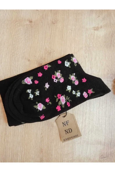 SİMLİ PAMUKLU DİKİŞSİZ YILBAŞI ÇİÇEKLİ  SOKET ÇORABI YUMUŞAK SİYAH KADIN ÇORAP 36-40 - Resim 4