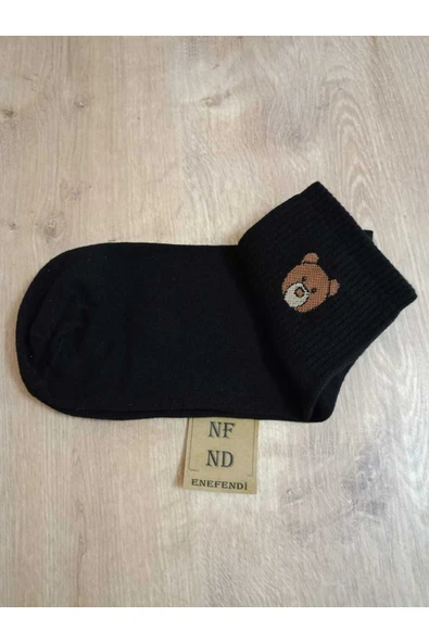 PAMUKLU KOKULU  AYICIK ÇORAP YUMUŞAK  DESENLİ DİKİŞSİZ AYICIK DESENLİ SİYAH ARA KONÇ ÇORAP - Resim 4