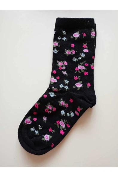 SİMLİ PAMUKLU DİKİŞSİZ YILBAŞI ÇİÇEKLİ  SOKET ÇORABI YUMUŞAK SİYAH KADIN ÇORAP 36-40 - Resim 2