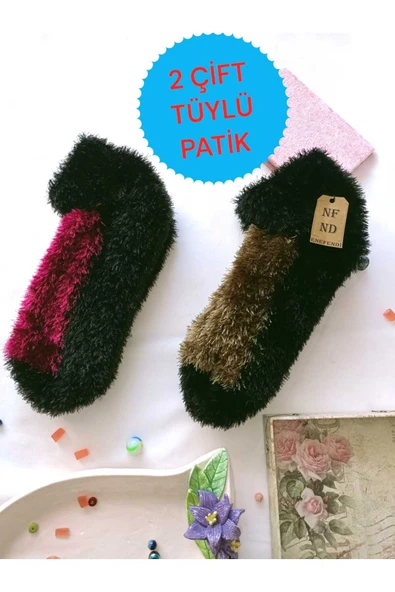 2 ÇİFT TÜYLÜ KIŞLIK TERMAL PATİK DİKİŞSİZ PELUŞ ÇORAP FUŞYA YEŞİL ERKEK KADIN EV-PARTİ ÇORABI 36-41 ürün görseli 1