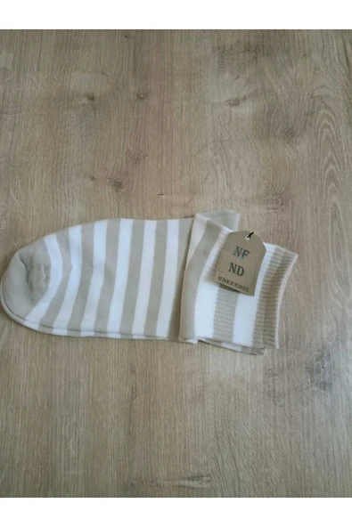 PAMUKLU KOKULU  ÇORABI YUMUŞAK  DESENLİ ÇORAP KREM BEYAZ ÇİZGİLİ - Resim 2