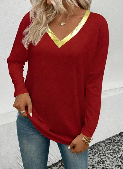 MDB Kadın Uzun Kollu V Parlak Yaka Detaylı Viskon Bluz - Resim 2