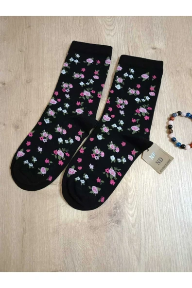 SİMLİ PAMUKLU DİKİŞSİZ YILBAŞI ÇİÇEKLİ  SOKET ÇORABI YUMUŞAK SİYAH KADIN ÇORAP 36-40 - Resim 6