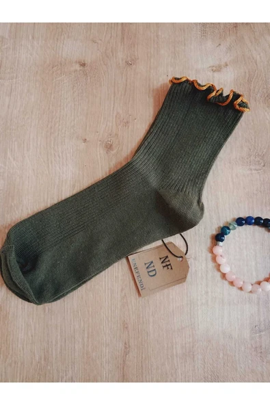 DERBİLİ JAKARLI ALTIN SARISI FIRFIRLI   ÇORABI SOKET KADIN LİKRALI PAMUKLU YEŞİL ÇORAP 36-40 - Resim 4