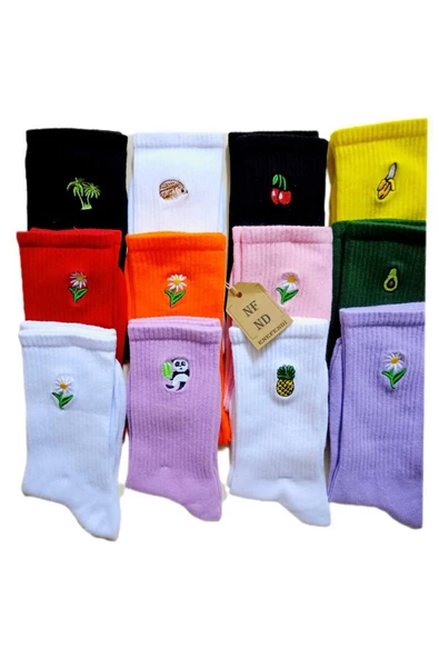 Nakışlı Kadın Tekli Soket Çiçek Nakışlı Çorabı Turuncu - Resim 3