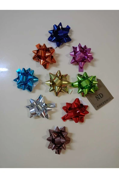 30 ADET 6cm PARLAK METALİK RENKTE KARIŞIK FİYONK YILDIZ SÜS HEDİYE PAKETİ SÜSÜ RAFYA YAPIŞKANLI - Resim 5