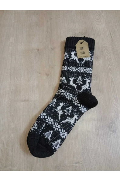 BAMBU TERMAL YIKAMALI SOKET YILBAŞI KADİFEMSİ YUMUŞAK DESENLİ ETNİK ÇORAP  ÇORABI SİYAH-BEYAZ - Resim 2