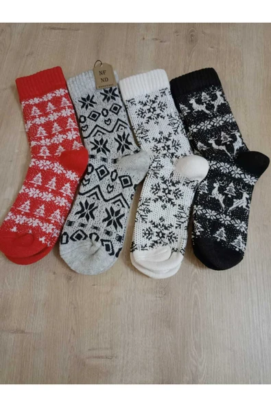 BAMBU TERMAL YIKAMALI SOKET YILBAŞI YUMUŞAK DESENLİ ETNİK ÇORAP  ÇORABI GRİ-SİYAH - Resim 6