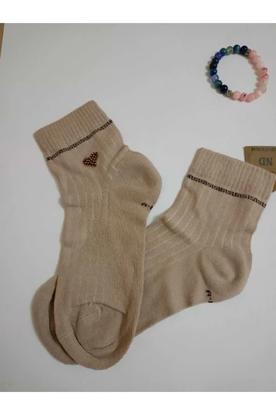 Pamuklu Burun Dikişsiz Kokulu Taşlı Kalpli Likralı Çorap Bej Renk Kadın Çorabı 36-40 - Resim 2