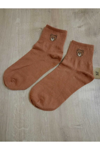 PAMUKLU KOKULU  ÇORABI YUMUŞAK  DESENLİ DİKİŞSİZ AYICIK DESENLİ TABA RENK ARA KONÇ ÇORAP - Resim 5