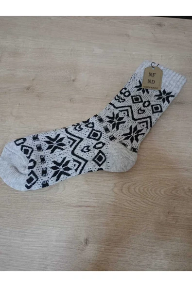 BAMBU TERMAL YIKAMALI SOKET YILBAŞI YUMUŞAK DESENLİ ETNİK ÇORAP  ÇORABI GRİ-SİYAH - Resim 3