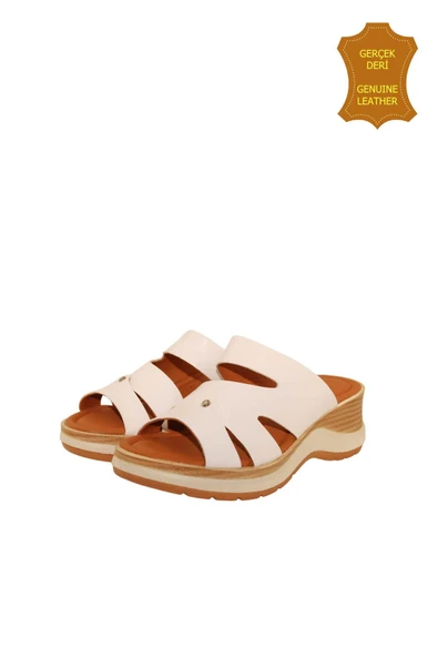 Venüs 2409904Y Hakiki Deri Kadın Anatomik Terlik BEYAZ Ç - Resim 5