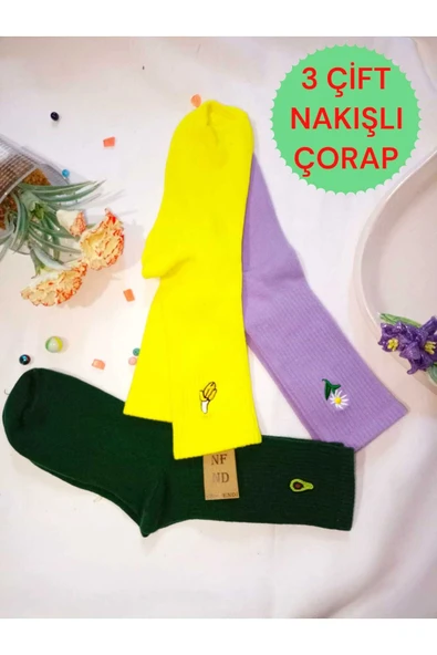 3 Çift Nakışlı Kadın Çorap Üçlü Soket Hayvan Meyve Çiçek Nakışlı Çorabı Hediye 36-40 ürün görseli 1