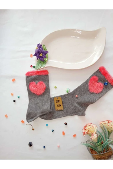 Kalpli Peluş Penye Pamuklu Desenli Soket Kadın Tekli Çorap Yılbaşı Çorabı - Resim 2