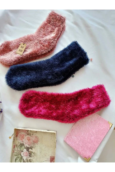 3 Çift Tüylü Kışlık Termal Patik Dikişsiz Çorap  GÜL K LACİ FUŞYA 36-41. - Resim 2