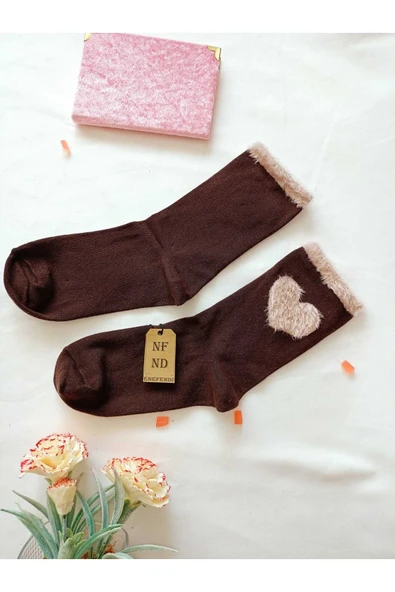 3 Çift Kalpli Peluş Penye Pamuklu Desenli Soket Kadın Çorabı Pembe Gri Kahverengi - Resim 8