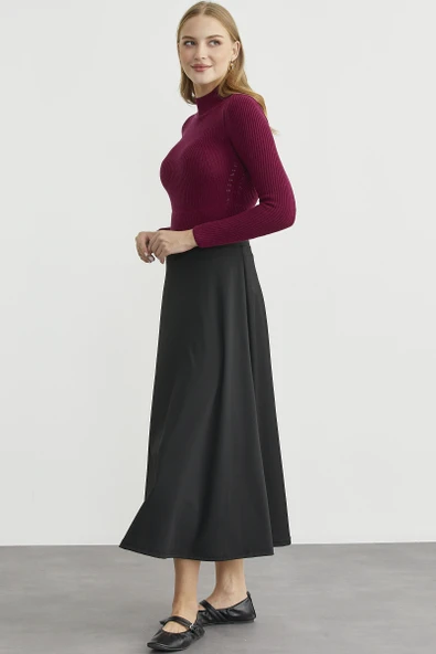 Yarım Balıkçı Fitilli Bodysuit Triko Kazak - Bordo - Resim 5