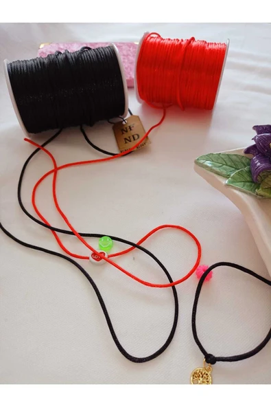 4 METRE(TOPLAM) FLOŞ İP SIÇAN KUYRUĞU KALINLIĞI 2mm KIRMIZI SİYAH BİLEKLİK TAKI HEDİYELİK İPİ - Resim 3