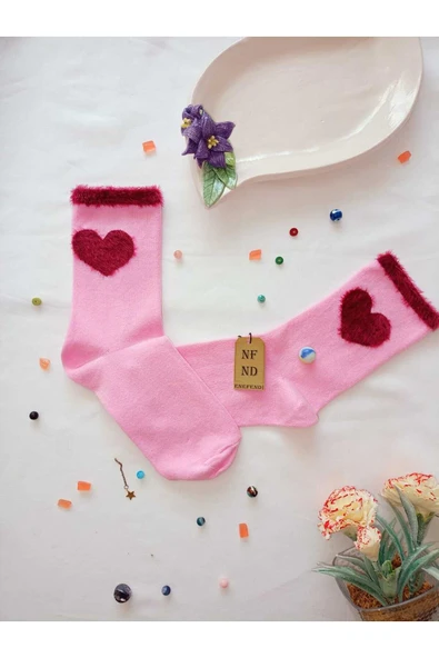 3 Çift Kalpli Peluş Penye Pamuklu Desenli Soket Kadın Çorabı Pembe Gri Kahverengi ürün görseli 1