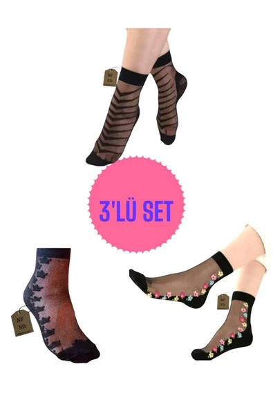 TÜL DİKİŞSİZ KISA KONÇ ÇORAP KOKULU RAHAT ESNEK TÜLLÜ KADIN ÇORABI PAMUK 36-40 3 ADET ürün görseli 1