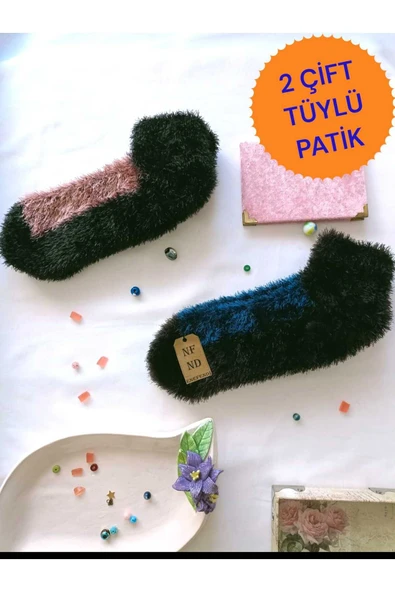 2 ÇİFT TÜYLÜ KIŞLIK TERMAL PATİK DİKİŞSİZ ÇORAP GÜLKURUSU LACİVERT ERKEK KADIN EV-PARTİ ÇORABI 36-41 ürün görseli 1