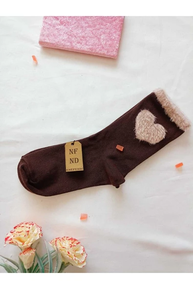 3 Çift Kalpli Peluş Penye Pamuklu Desenli Soket Kadın Çorabı Pembe Gri Kahverengi - Resim 7