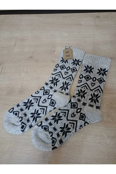 BAMBU TERMAL YIKAMALI SOKET YILBAŞI YUMUŞAK DESENLİ ETNİK ÇORAP  ÇORABI GRİ-SİYAH - Resim 5