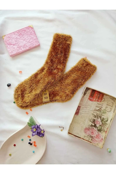 Tüylü Çorap 3 Çift Kışlık Termal Patik Dikişsiz Erkek Kadın Ev-parti Çorabı Sarı Vizon Mavi 36-41. - Resim 3