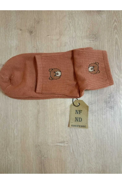 PAMUKLU KOKULU  ÇORABI YUMUŞAK  DESENLİ DİKİŞSİZ AYICIK DESENLİ TABA RENK ARA KONÇ ÇORAP - Resim 2