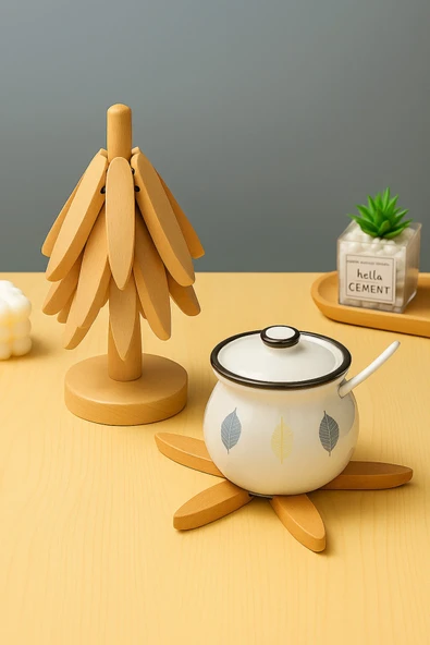 TİNEKE   3'lü Standlı Bambu Nihale Seti, Isıya Dayanıklı Bardak ve Tencere Altı Katlanır Nihale - Resim 2