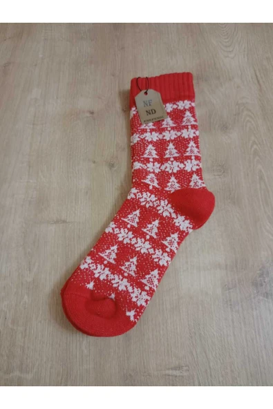 BAMBU TERMAL YIKAMALI SOKET YILBAŞI KADİFEMSİ YUMUŞAK DESENLİ ETNİK ÇORAP  ÇORABI KIRMIZI-BEYAZ - Resim 2