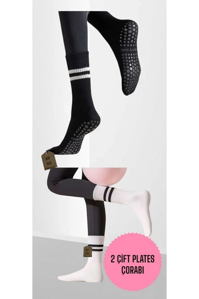 2 ÇİFT YOGA PİLATES ÇORABI KADIN KAYMAZ SİLİKON TABAN PAMUKLU SOKET TENİS ÇORAP HAVLULU SİYAH BEYAZ. - Resim 2