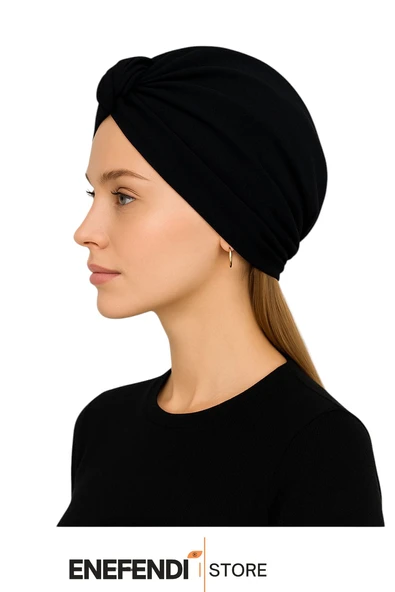 Düğümlü Dış Bone Siyah | Hazır Bağlı Sosyete Yarım Şal Modeli | Tesettür Rahat ve Şık Bone - Resim 2