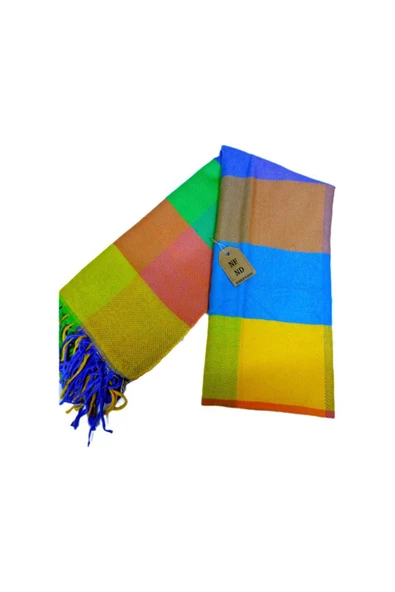 Desenli , Renkli , Yumuşak, Kışlık , Sıcak Sarı Mavi Omuz Şalı Atkı, 70 X 165 ürün görseli 1