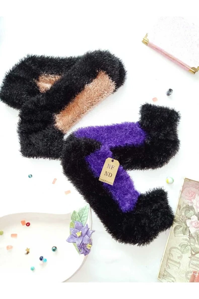 2 ÇİFT TÜYLÜ KIŞLIK TERMAL ÇORAP DİKİŞSİZ PELUŞ PATİK MOR VİZON ERKEK KADIN EV-PARTİ ÇORABI 36-41 - Resim 5