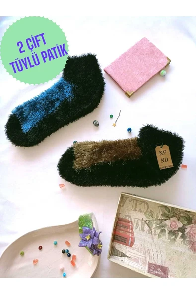 2 ÇİFT TÜYLÜ KIŞLIK TERMAL PATİK DİKİŞSİZ ÇORAP YEŞİL MAVİ ERKEK KADIN EV-PARTİ ÇORABI 36-41 ürün görseli 1