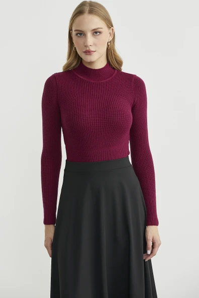 Yarım Balıkçı Fitilli Bodysuit Triko Kazak - Bordo - Resim 2