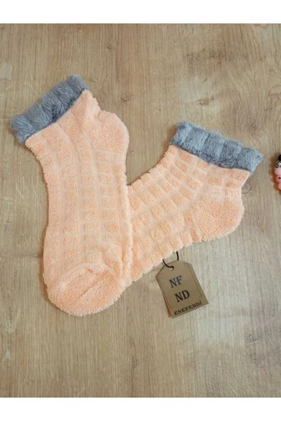 KOKULU SICAK YILBAŞI  HAVLU TAY TÜYÜ  PATİK  YUMUŞAK KABARTMALI  SÜSLÜ TURUNCU ÇORAP 36-40 - Resim 2