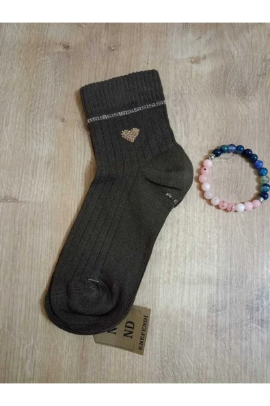 Taşlı Kalpli Likralı Pamuklu Kokulu Burun Dikişsiz Çorap Kahverengi Kadın Çorabı 36-40 - Resim 4