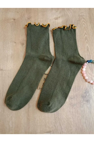 DERBİLİ JAKARLI ALTIN SARISI FIRFIRLI   ÇORABI SOKET KADIN LİKRALI PAMUKLU YEŞİL ÇORAP 36-40 - Resim 5