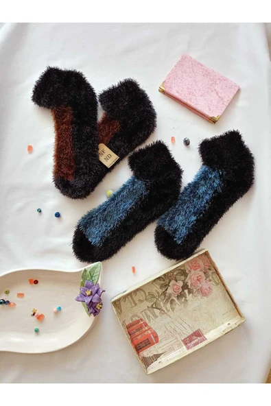 2 ÇİFT TÜYLÜ KIŞLIK TERMAL ÇORAP DİKİŞSİZ PELUŞ PATİK  KAHVE MAVİ ERKEK KADIN EV-PARTİ ÇORABI 36-41 - Resim 6