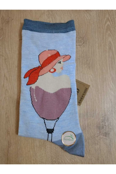 BAMBU DİKİŞSİZ KADIN ÇORABI ŞAPKA DESENLİ MAVİ YUMUŞAK  ÇORAP 36-40 ürün görseli 1