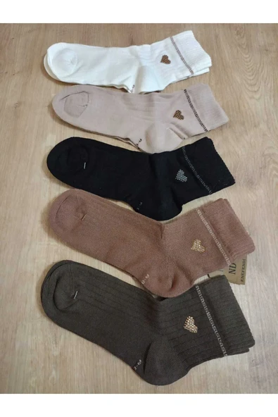 Pamuklu Burun Dikişsiz Kokulu Taşlı Kalpli Likralı Çorap Bej Renk Kadın Çorabı 36-40 - Resim 5