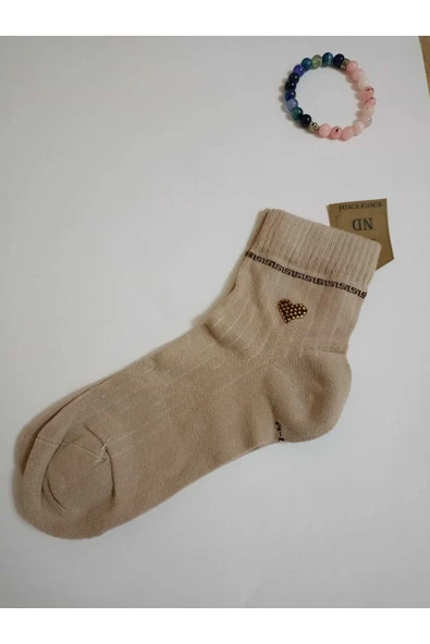 Pamuklu Burun Dikişsiz Kokulu Taşlı Kalpli Likralı Çorap Bej Renk Kadın Çorabı 36-40 - Resim 3