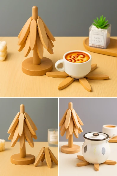 TİNEKE   3'lü Standlı Bambu Nihale Seti, Isıya Dayanıklı Bardak ve Tencere Altı Katlanır Nihale ürün görseli