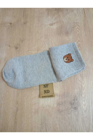 PAMUKLU KOKULU  ÇORABI YUMUŞAK  DESENLİ DİKİŞSİZ AYICIK DESENLİ GRİ RENK ARA KONÇ ÇORAP ürün görseli