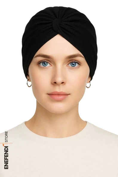 Düğümlü Dış Bone Siyah | Hazır Bağlı Sosyete Yarım Şal Modeli | Tesettür Rahat ve Şık Bone ürün görseli 1