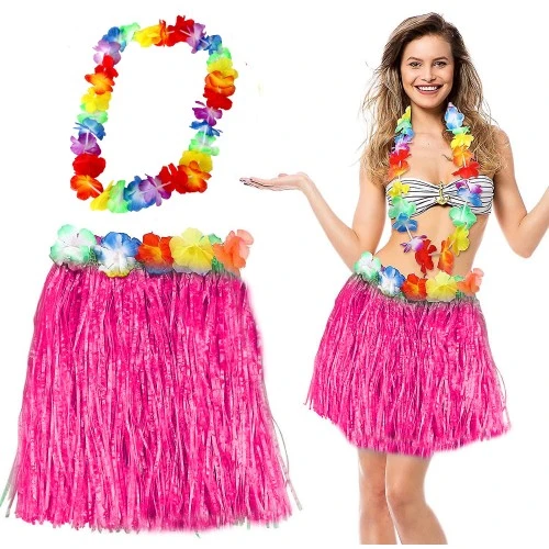 Hawaii Luau Aloha Pembe Püsküllü 40 cm Etek ve Hawaii Kolye Seti ürün görseli