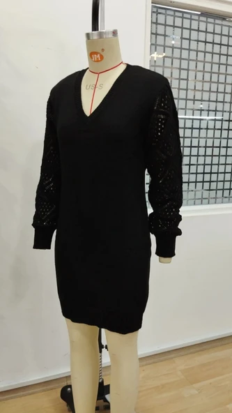 MDB Kadın Uzun Kollu V Yakalı Mini Triko Elbise - Resim 8