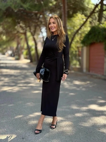 MDB Kadın Uzun Kollu Bisiklet Yaka Yandan Bağlamalı Uzun Modal Elbise - Resim 2